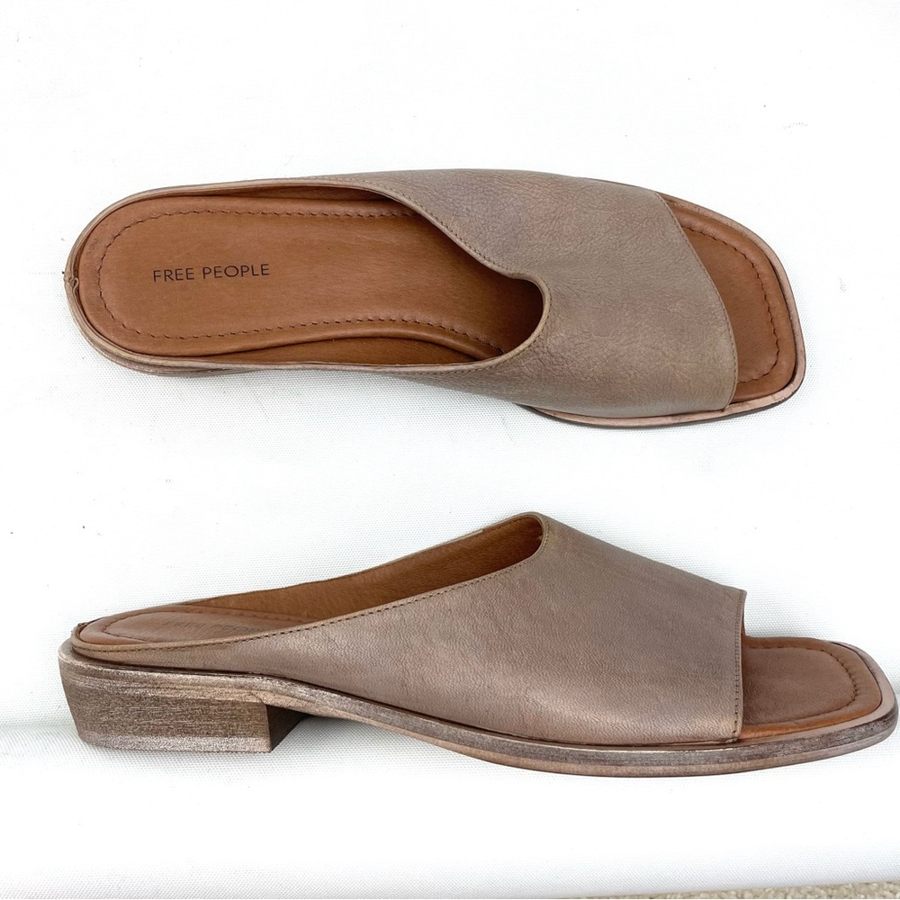 Free People Taupe Slide Sandal with Low Stacked Heel